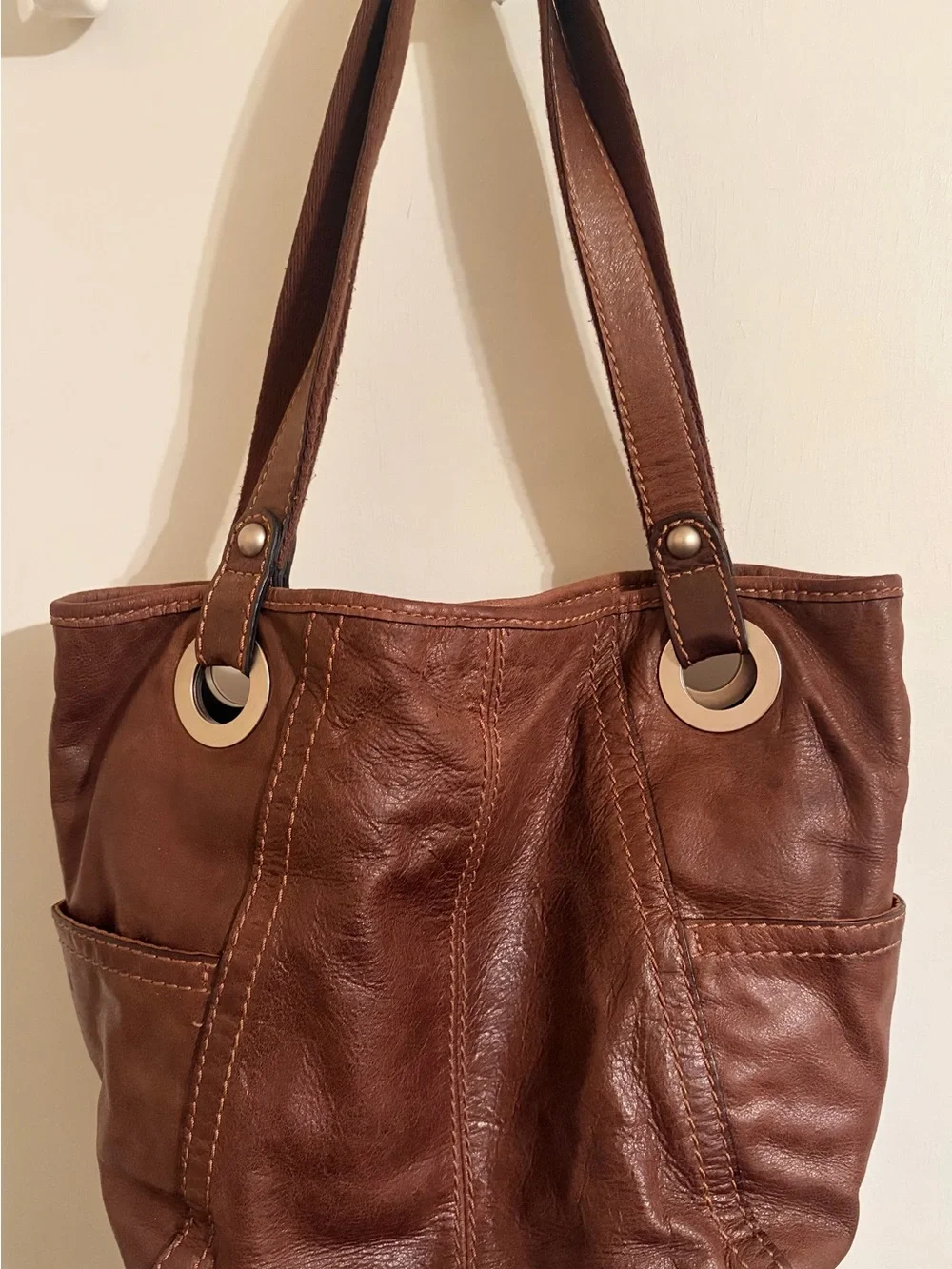 Fossil Brown Leather Shoulder Tote Bag Large Double Handle